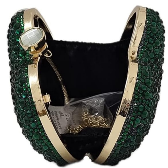 Emerald Green Heart Shaped Purse Crystal Clutch Crossbody Chain Event Mini Bag - Picture 8 of 16